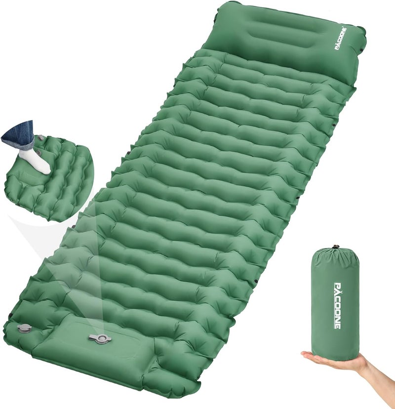 PACOONE Camping Sleeping Pad, Connectable Design for Double Mat, Ultralight Inflatable Sleeping Mat with Pillow, Built-in Foot Pump, Portable Camping Air Mattress for Backpacking Hiking Tent (Green) - Image 1